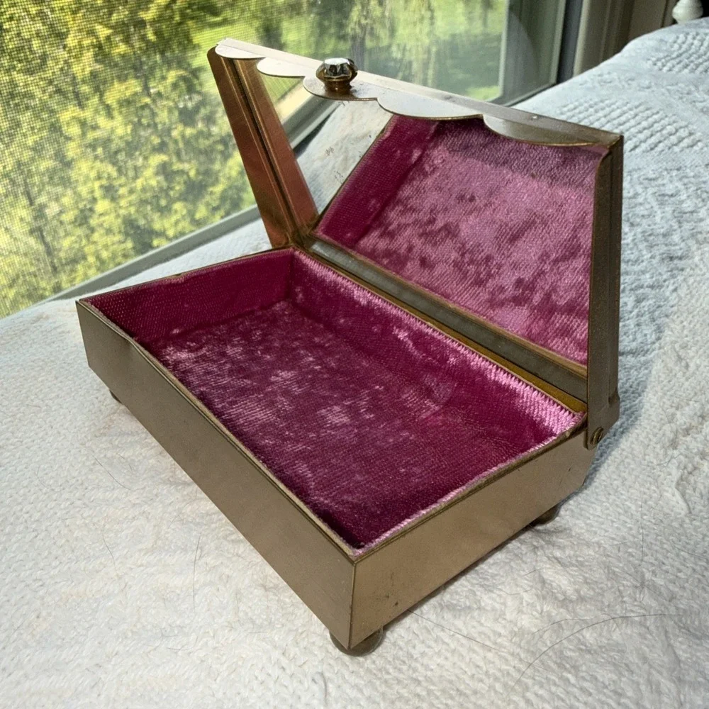 Vintage Mini Brass Jewelry Box with Rhinestones And Mirror 4.0 X‎ 2.5 X 1.25